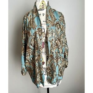 Ett:twa Anthropologie Kimono Cardigan Jaket Sequin M/L Womens Aqua Gold